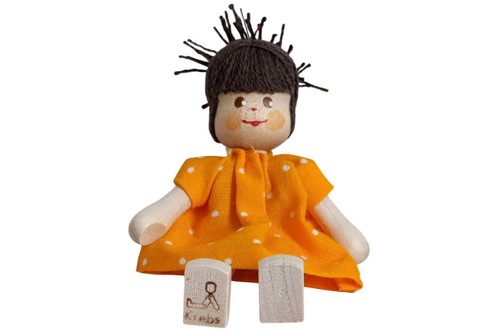 Anne Krebs Miniatur Puppe Mädchen, Kleid orange, Pferdeschwanz braun