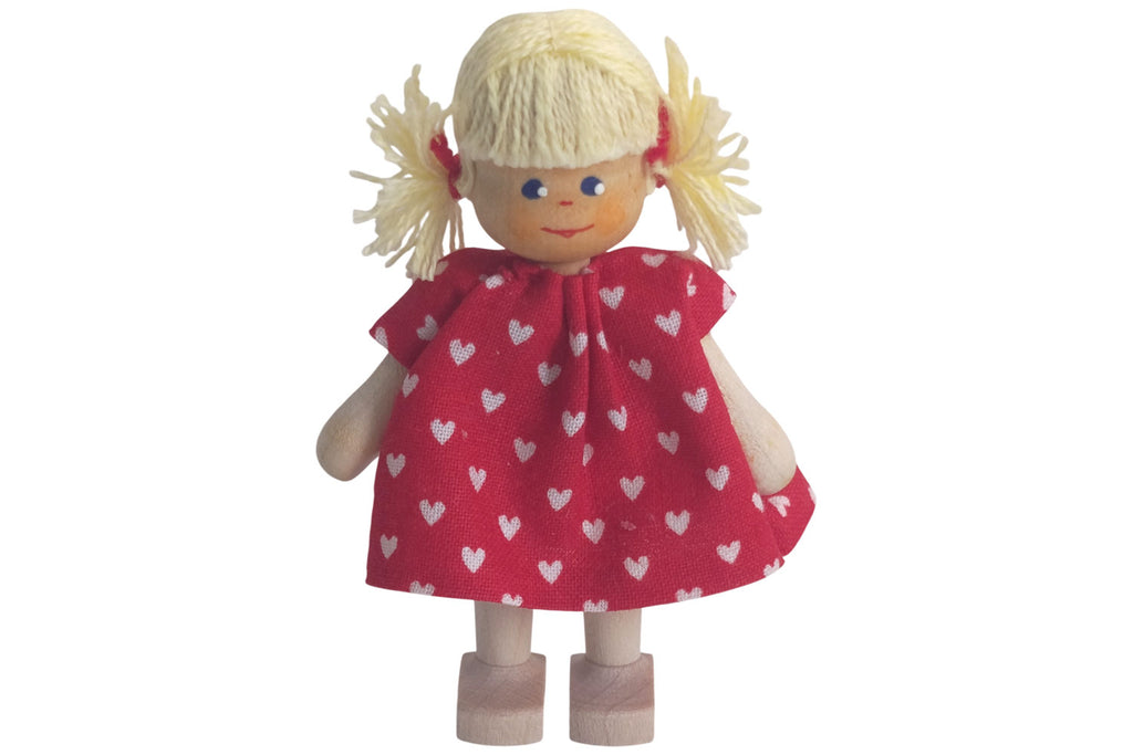 Anne Krebs Miniatur Puppe Mädchen, Kleid rot, Haare blond mit Zöpfen
