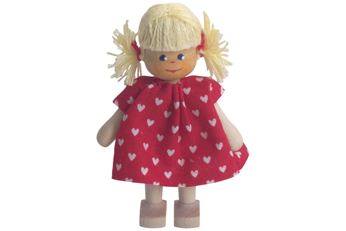 Anne Krebs Miniatur Puppe Mädchen, Kleid rot, Haare blond mit Zöpfen