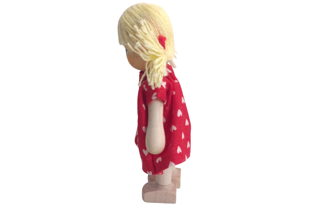 Anne Krebs Miniatur Puppe Mädchen, Kleid rot, Haare blond mit Zöpfen