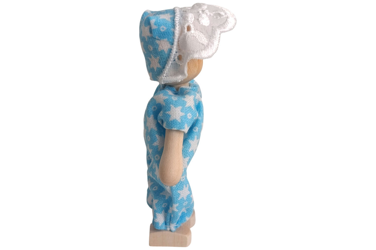 Anne Krebs Miniatur Puppe Baby, Strampelanzug blau