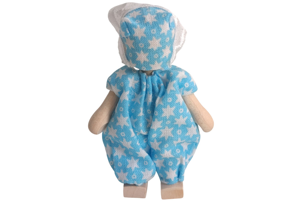 Anne Krebs Miniatur Puppe Baby, Strampelanzug blau
