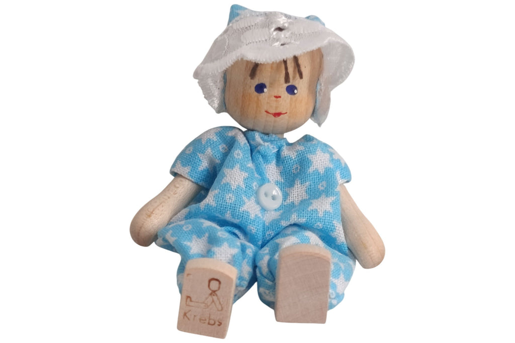 Anne Krebs Miniatur Puppe Baby, Strampelanzug blau