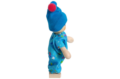 Anne Krebs Miniatur Baby mit Bommelmütze blau