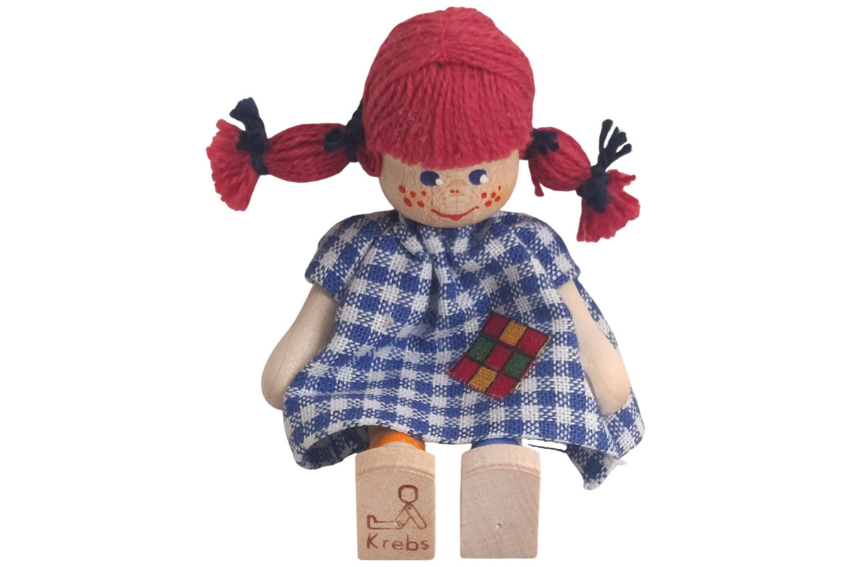Anne Krebs Miniatur Puppe Mädchen Kleid weiss/blau karriert, Sommersprossen, Haare rot