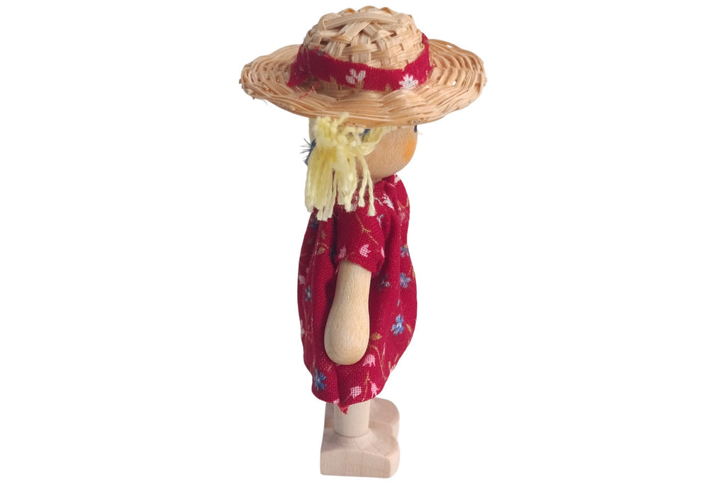 Anne Krebs Miniatur Puppe Mädchen, Sonnenhut, Kleid rot, Haare blond mit Zöpfen