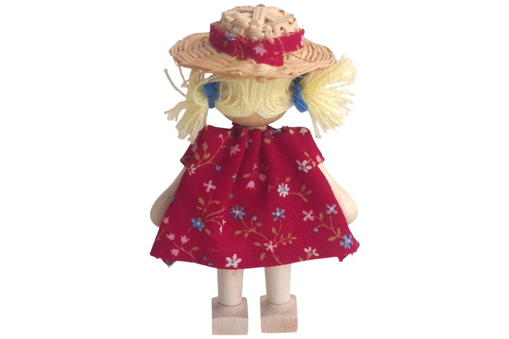 Anne Krebs Miniatur Puppe Mädchen, Sonnenhut, Kleid rot, Haare blond mit Zöpfen