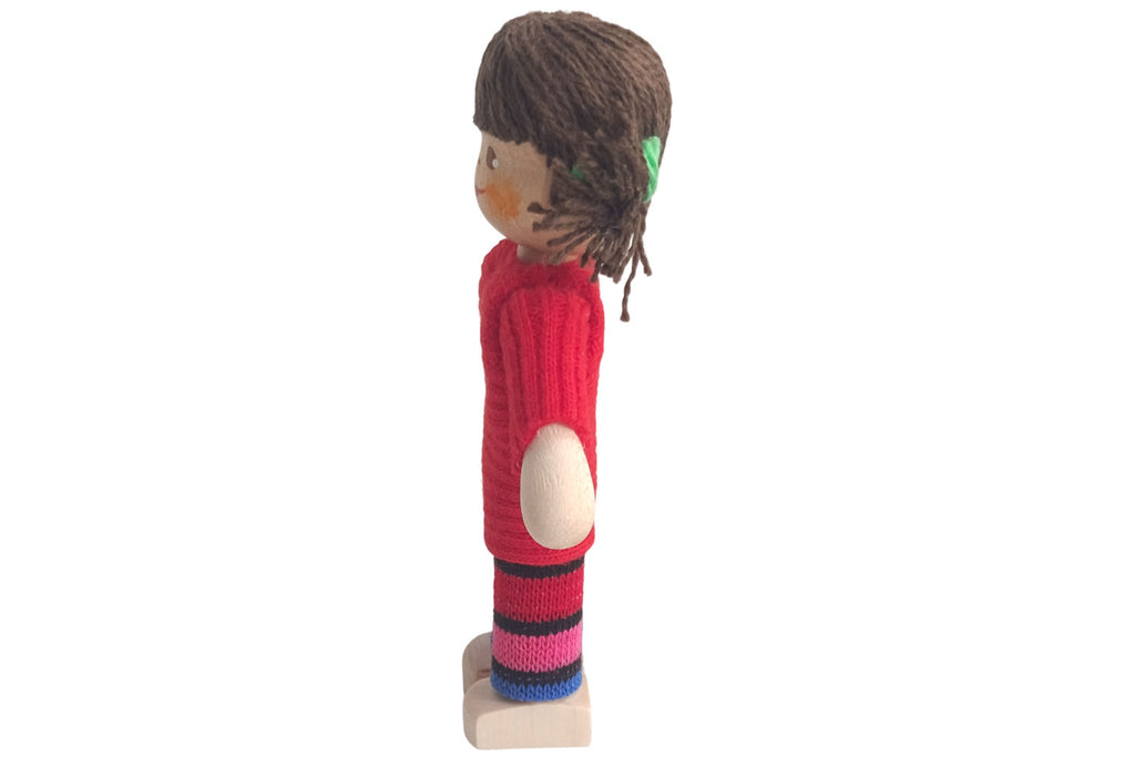 Anne Krebs Miniatur Puppe Mädchen, Pullover rot, Haare braun