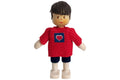 Anne Krebs Miniatur Puppe Junge, Shirt mit Herz rot, Haare braun