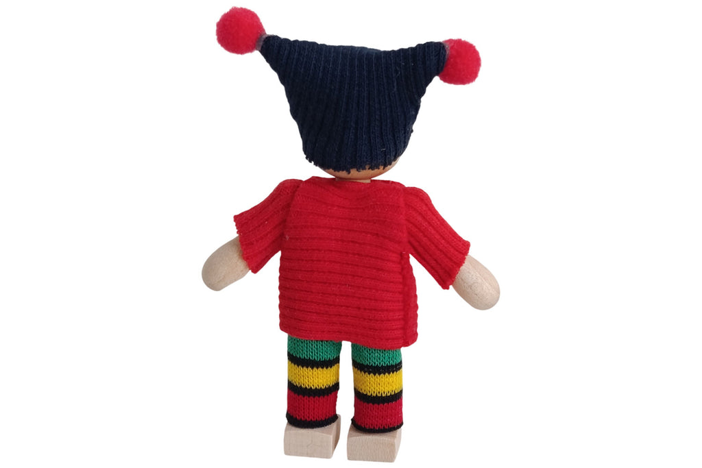 Anne Krebs Miniatur Puppe Kind Mütze blau, Pullover rot