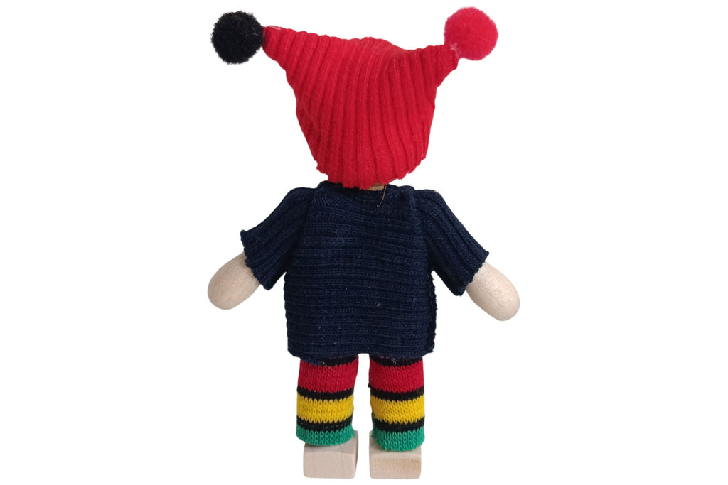 Anne Krebs Miniatur Puppe Kind Mütze rot, Pullover blau