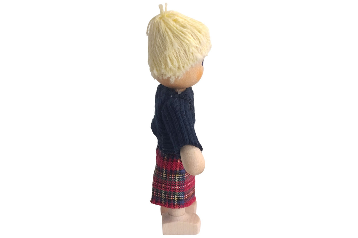 Anne Krebs Miniatur Puppe Junge, Shirt blau, Hose kariert, Haare blond