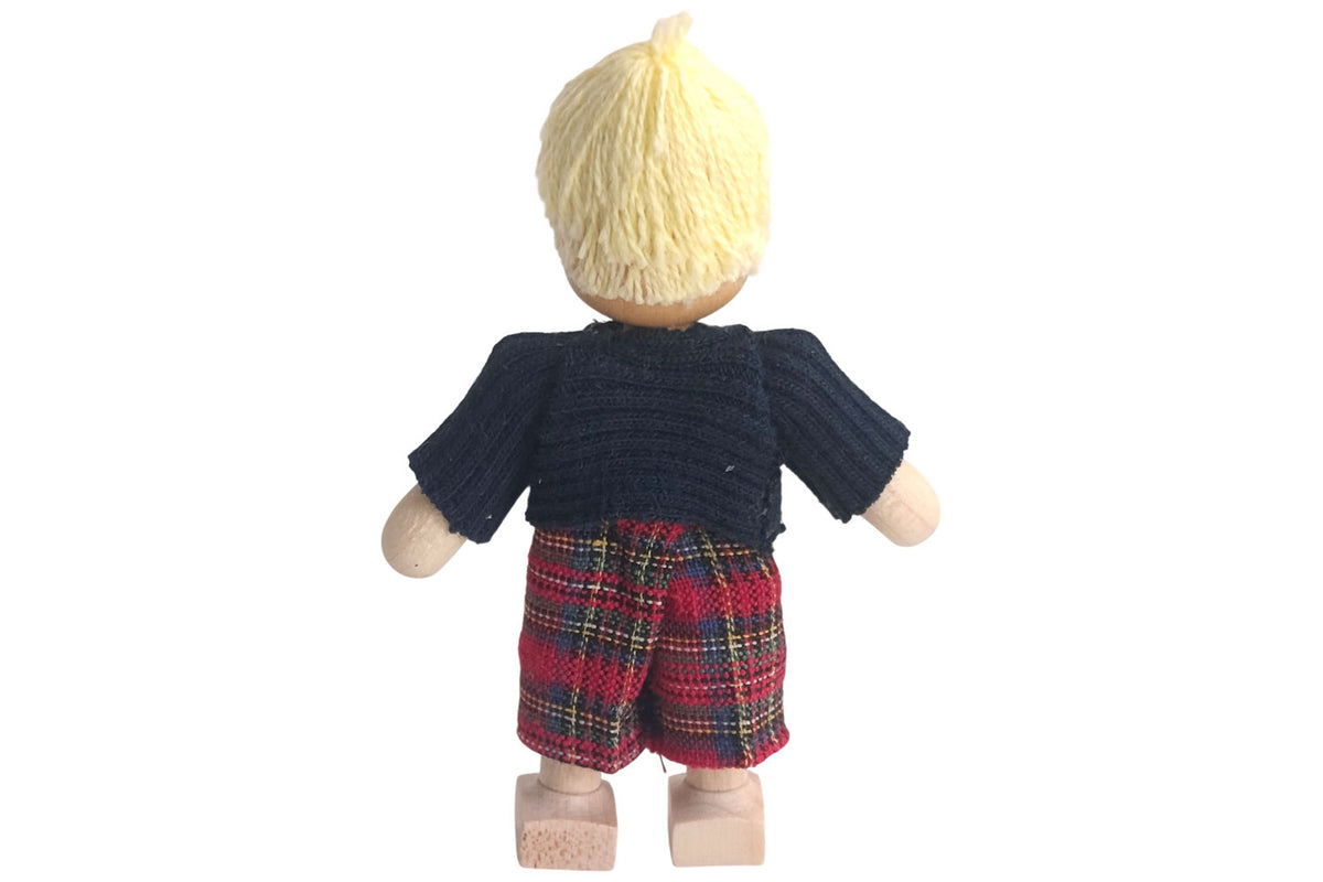 Anne Krebs Miniatur Puppe Junge, Shirt blau, Hose kariert, Haare blond
