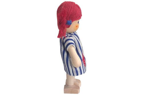 Anne Krebs Miniatur Puppe Mädchen Kleid weiss/blau gestreift, Sommersprossen, Haare rot