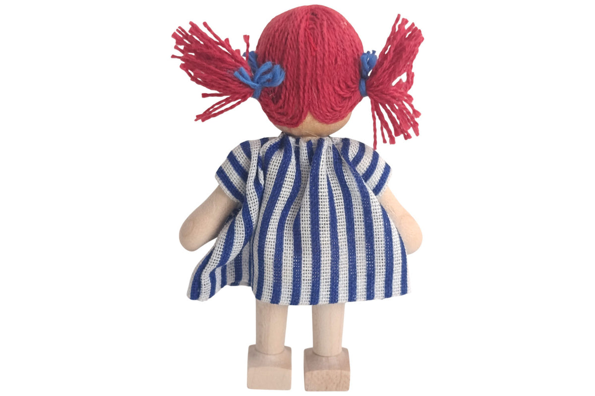 Anne Krebs Miniatur Puppe Mädchen Kleid weiss/blau gestreift, Sommersprossen, Haare rot