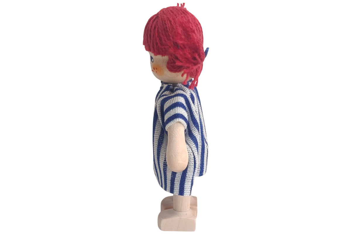Anne Krebs Miniatur Puppe Mädchen Kleid weiss/blau gestreift, Sommersprossen, Haare rot
