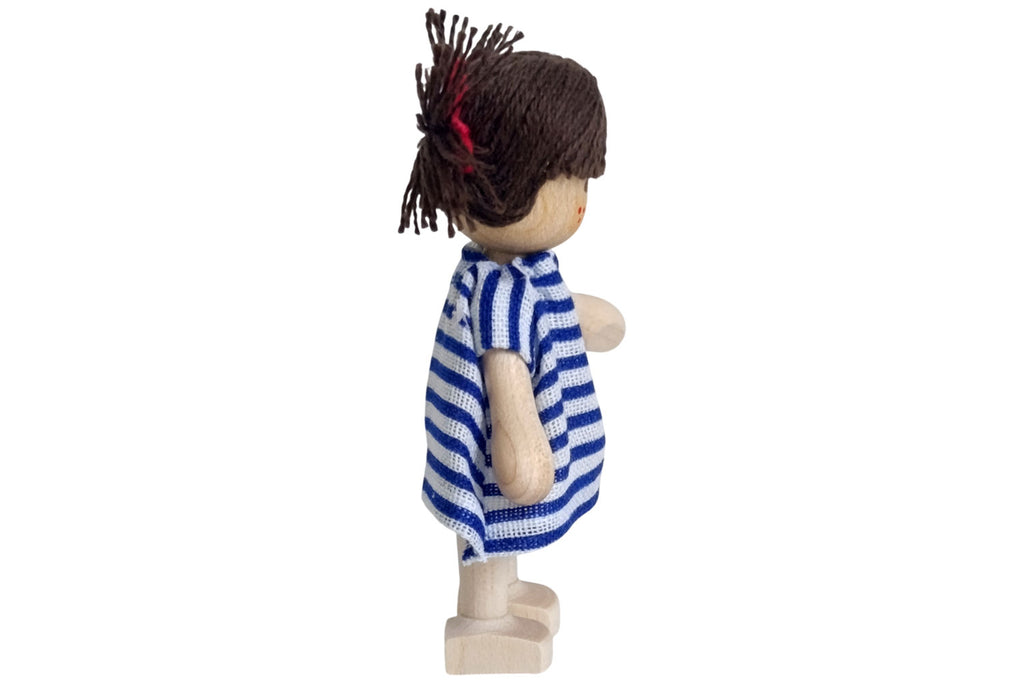 Anne Krebs Miniatur Puppe Mädchen Kleid blau/weiss, Sommersprossen, Haare braun