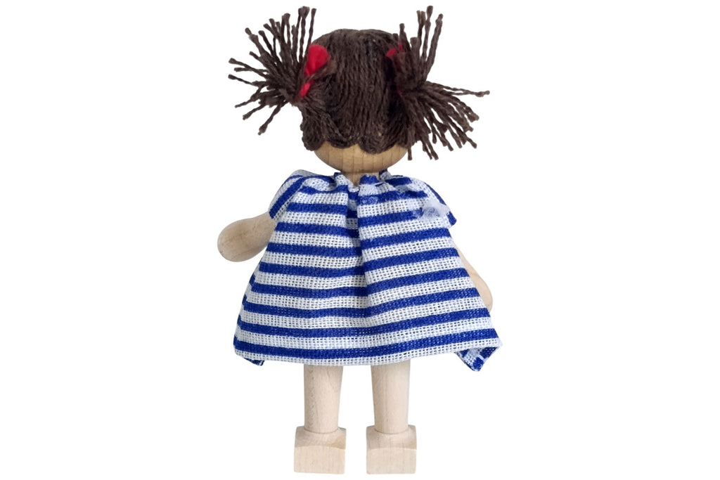 Anne Krebs Miniatur Puppe Mädchen Kleid blau/weiss, Sommersprossen, Haare braun