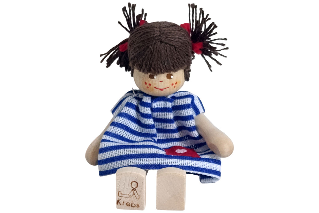Anne Krebs Miniatur Puppe Mädchen Kleid blau/weiss, Sommersprossen, Haare braun
