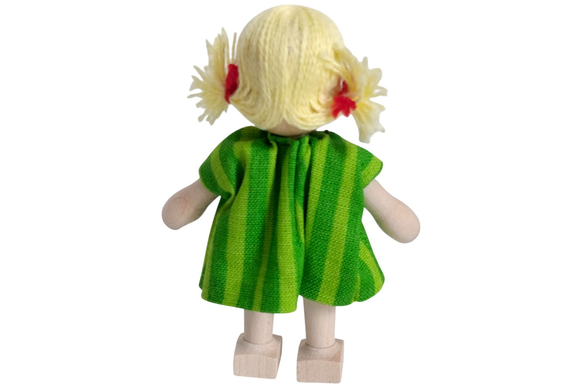 Anne Krebs Miniatur Puppe Mädchen Kleid grün, Haare blond