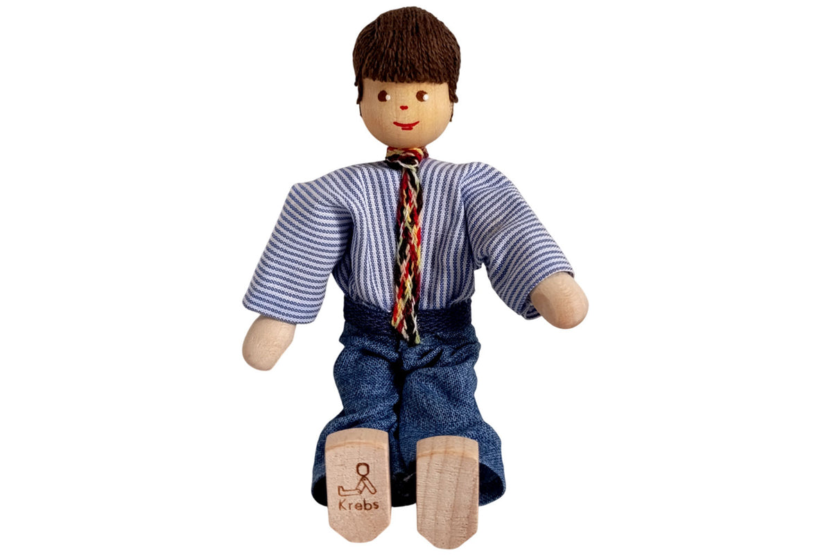 Anne Krebs Miniatur Puppe Vater, Hemd mit Krawatte, Jeans, Haare braun
