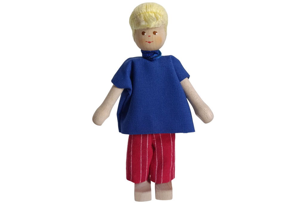 Anne Krebs Miniatur Puppe Mutter, Jeansbluse, Hose rot, Haare blond