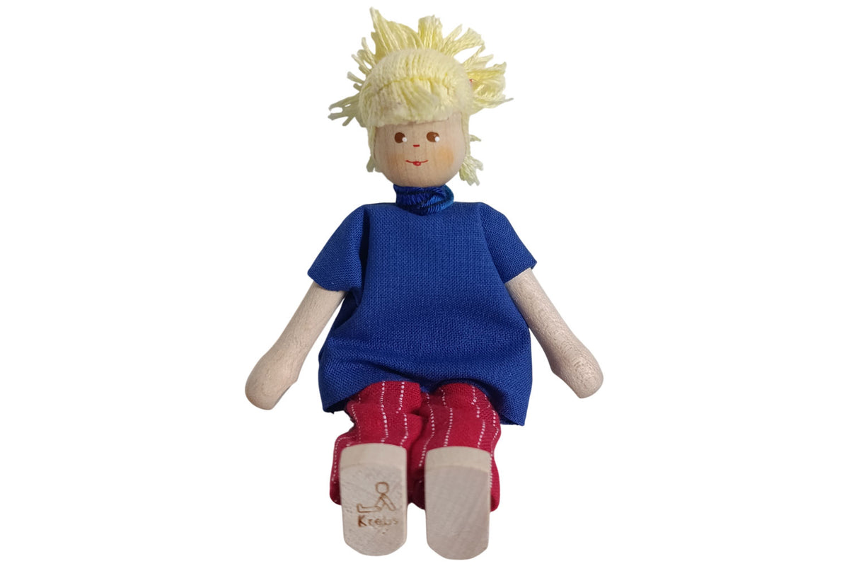 Anne Krebs Miniatur Puppe Mutter, Jeansbluse, Hose rot, Haare blond