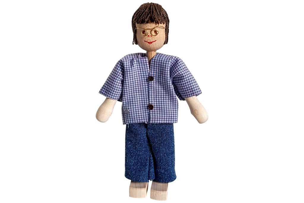 Anne Krebs Miniatur Puppe Vater, Hemd kariert, Brille, Haare braun
