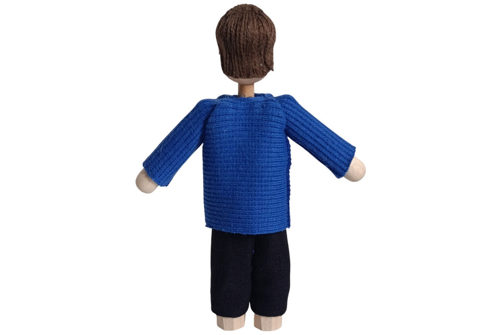 Anne Krebs Miniatur Puppe Vater, Pullover blau, Hose schwarz, Haare braun
