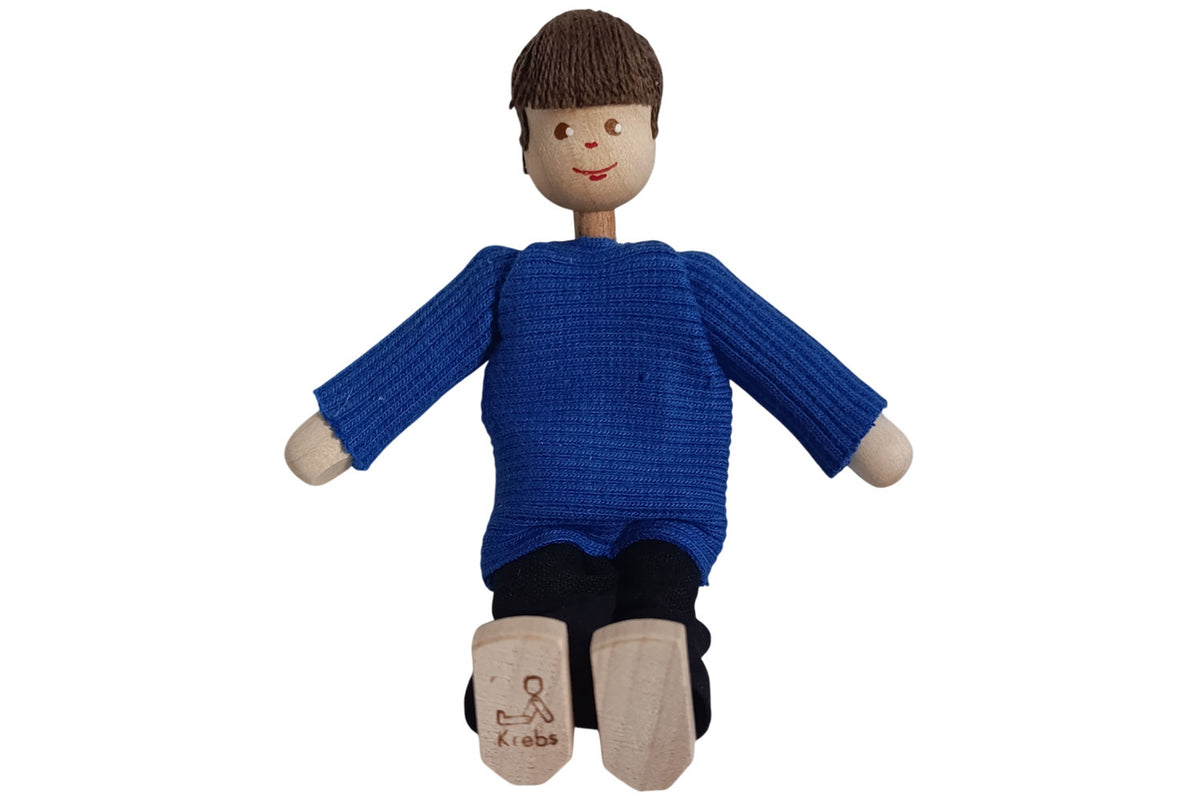 Anne Krebs Miniatur Puppe Vater, Pullover blau, Hose schwarz, Haare braun