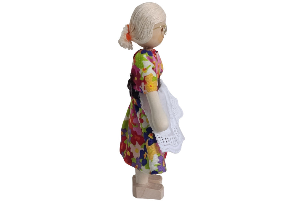 Anne Krebs Miniatur Puppe Oma mit Brille, Kleid mit Schürze, Haare weiss