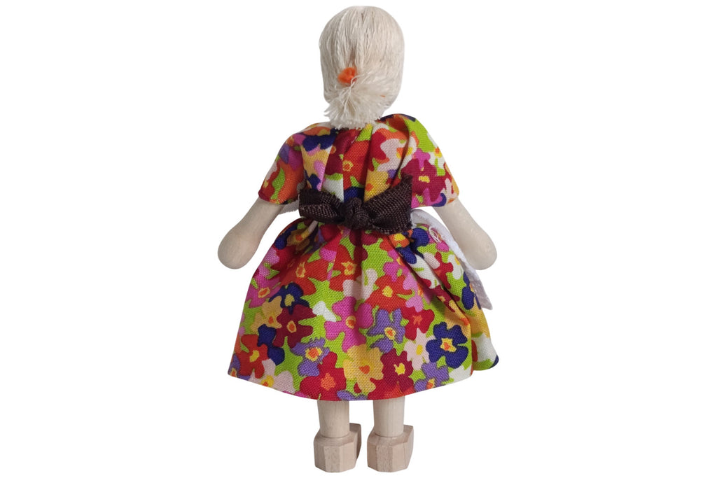 Anne Krebs Miniatur Puppe Oma mit Brille, Kleid mit Schürze, Haare weiss