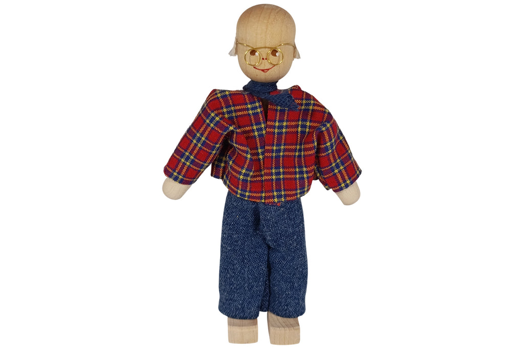 Anne Krebs Miniatur Puppe Opa mit Brille, Hemd kariert, Hose blau