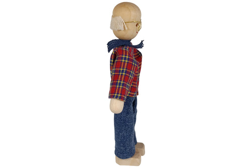 Anne Krebs Miniatur Puppe Opa mit Brille, Hemd kariert, Hose blau
