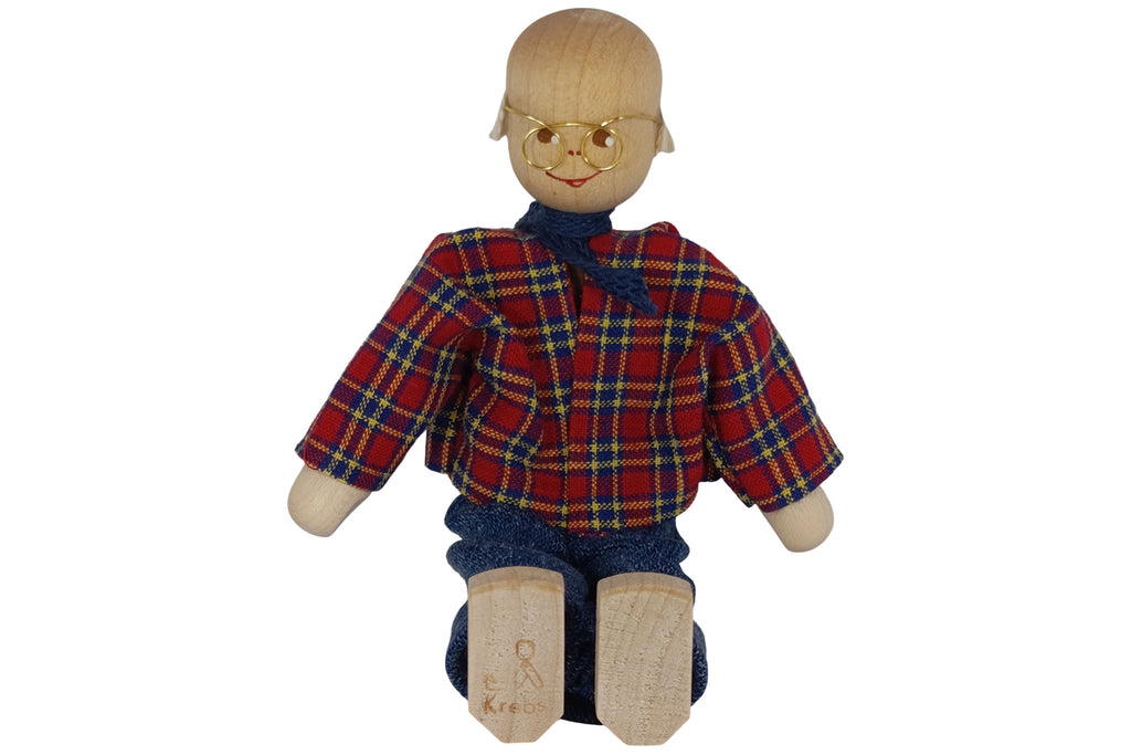 Anne Krebs Miniatur Puppe Opa mit Brille, Hemd kariert, Hose blau
