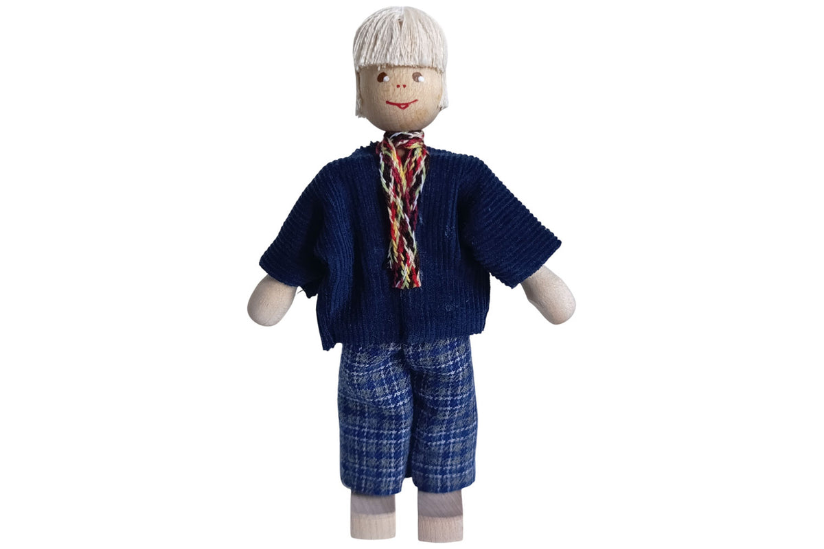 Anne Krebs Miniatur Puppe Opa, Strickjacke blau, Hose kariert, Haare weiss