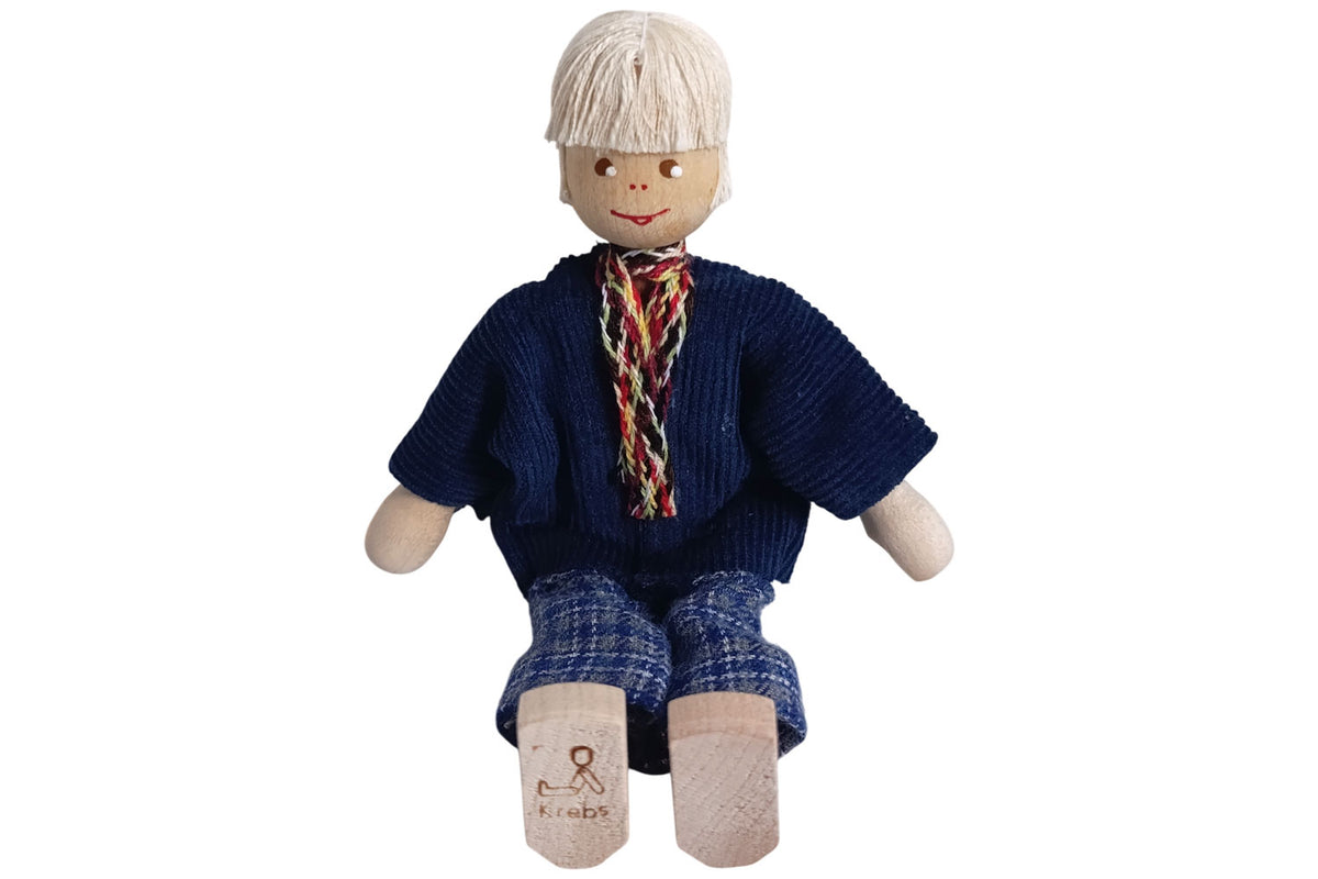 Anne Krebs Miniatur Puppe Opa, Strickjacke blau, Hose kariert, Haare weiss