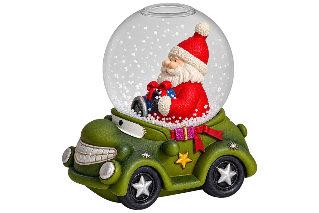 Sigro kleine Schneekugel dunkelgrün mit lustigen Auto & Weihnachtsmann