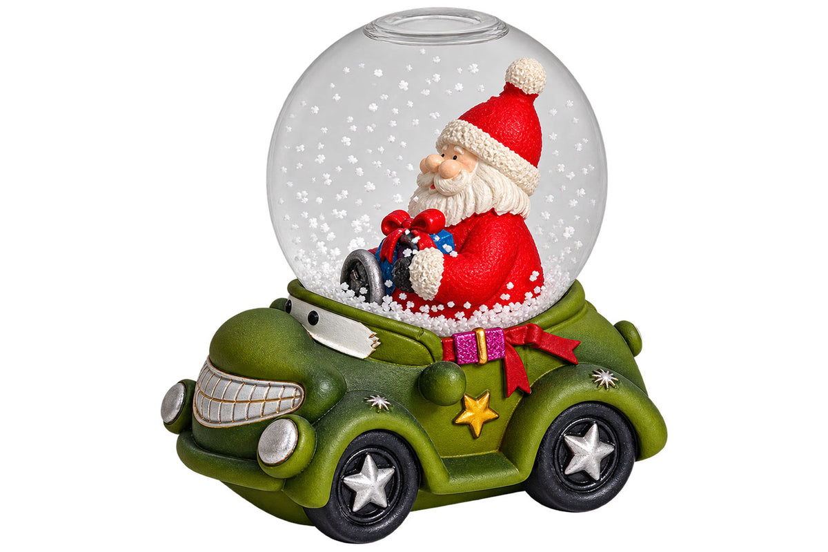 Sigro kleine Schneekugel dunkelgrün mit lustigen Auto & Weihnachtsmann