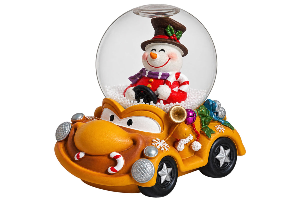 Sigro kleine Schneekugel orange mit lustigen Auto & Schneemann