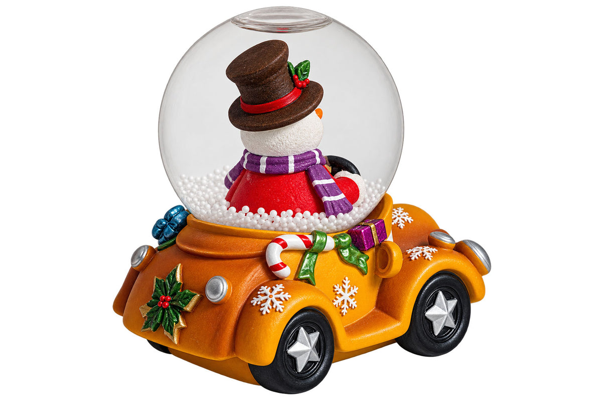 Sigro kleine Schneekugel orange mit lustigen Auto & Schneemann