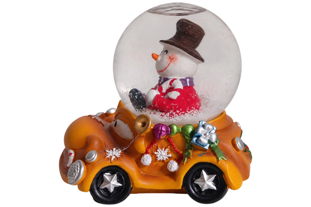 Sigro kleine Schneekugel orange mit lustigen Auto & Schneemann