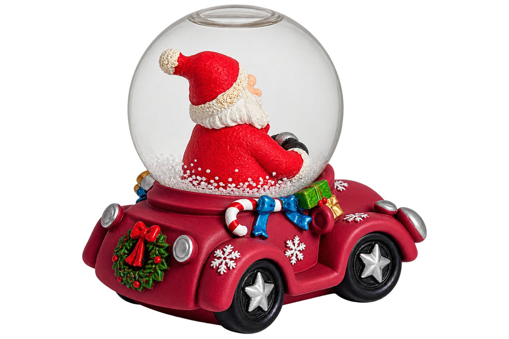 Sigro kleine Schneekugel rot mit lustigen Auto & Weihnachtsmann