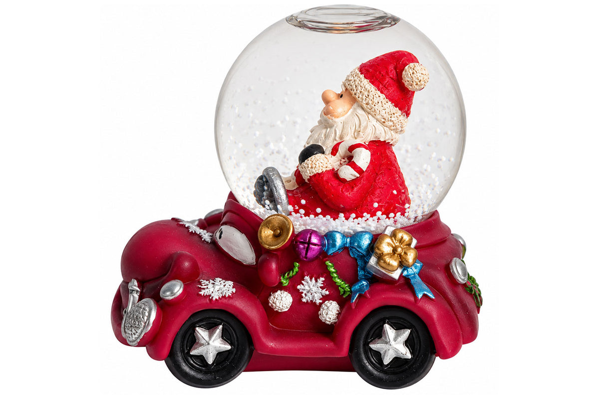 Sigro kleine Schneekugel rot mit lustigen Auto & Weihnachtsmann