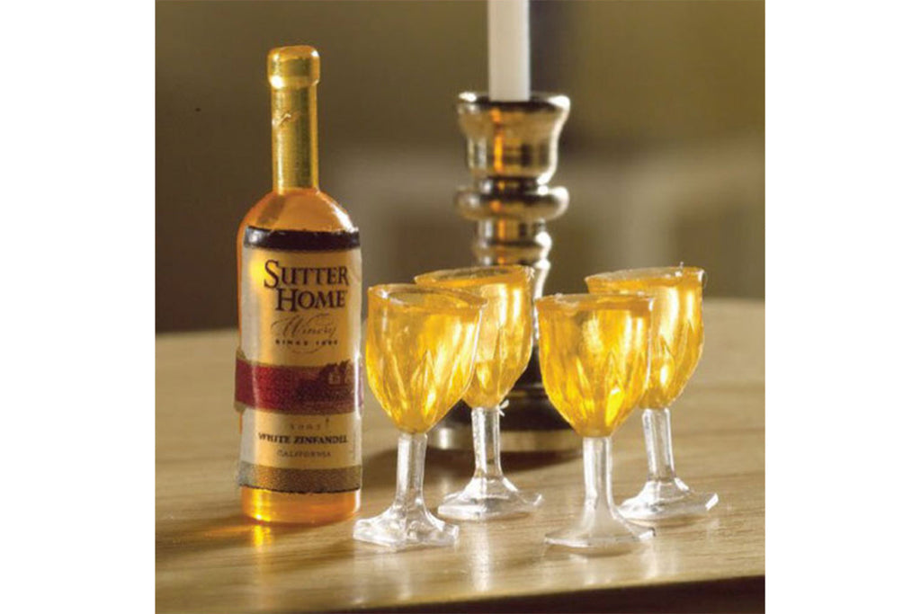 Dolls House Miniatur Flasche Weißwein mit 4 Gläsern