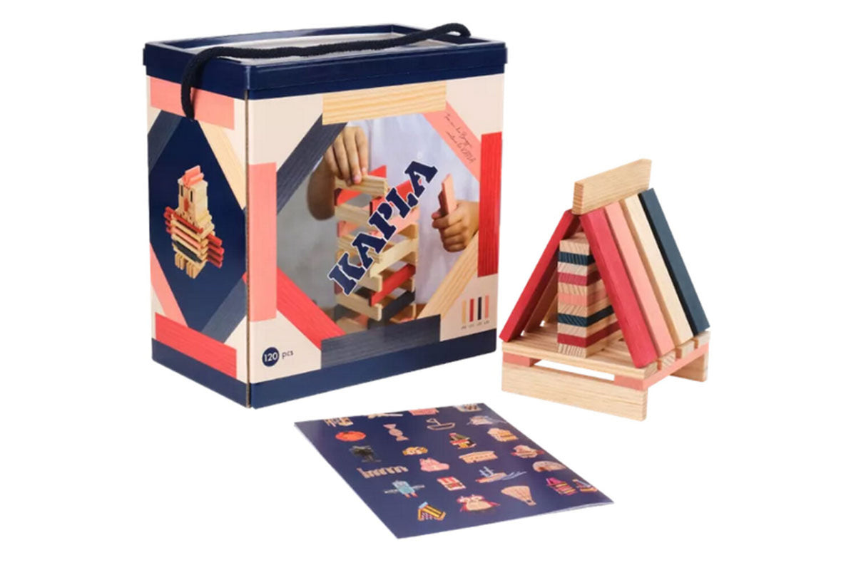 KAPLA 120er Box natur rot, rosa, dunkelblau